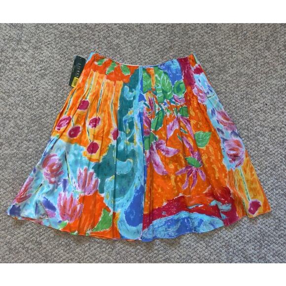 Lauren Ralph Lauren Multicolor Floral Pleated A-Line Skirt Sz 10 Watercolor - Picture 1 of 8